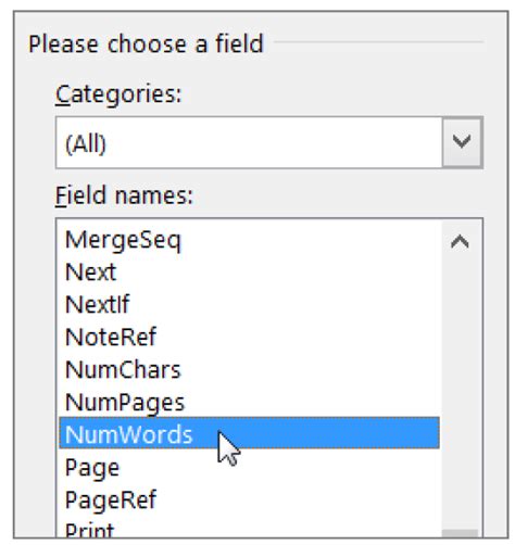 List of field codes in Word